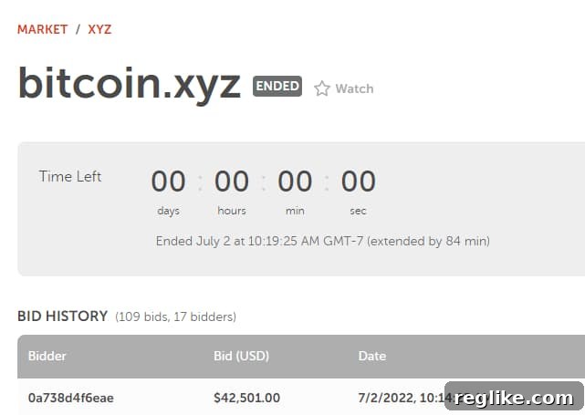 Bitcoin.xyz Domain Sells for $42,501 2 Screenshot of bitcoin.xyz on Namecheap showing an auction ending at $42,501
