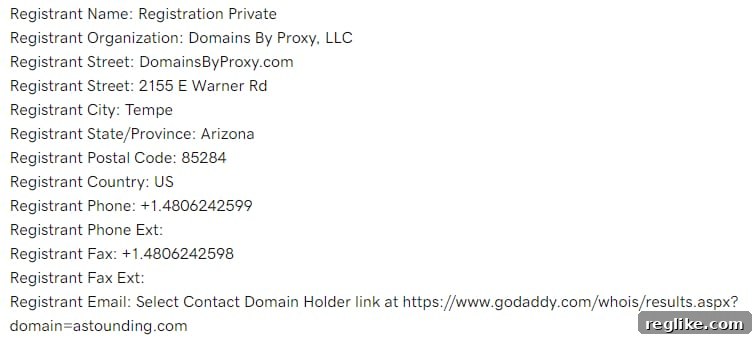 Secure Your Information with GoDaddy Whois Privacy 2 Screenshot of GoDaddy whois record with Domains by Proxy, obscuring all owner information
