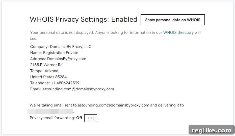 Secure Your Information with GoDaddy Whois Privacy 3 Image of GoDaddy Whois privacy settings section in account manager