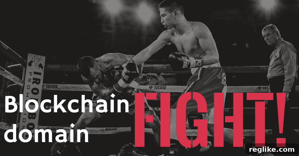 Unstoppable Domains Sues Handshake Over Counterfeit .Wallet Domain 2 Picture of two boxers with the words "blockchain domain fight"