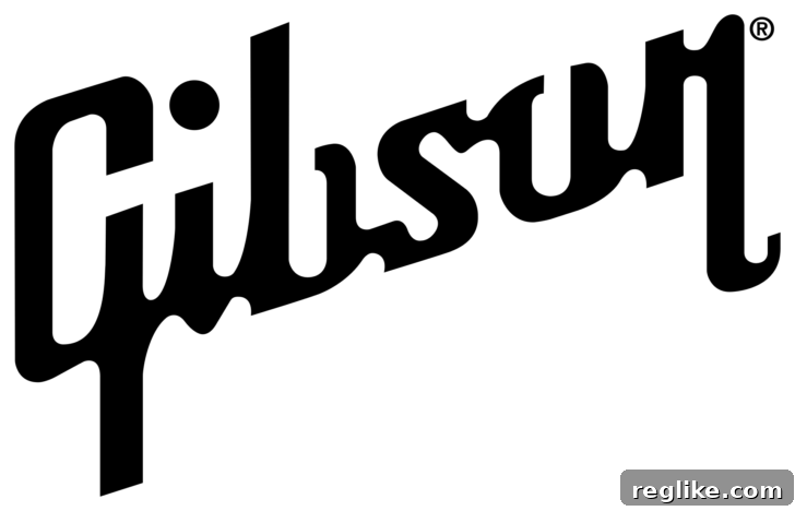 Gibson guitars logo shows Gibson is stylized font with angle going up to right