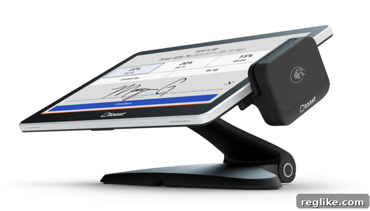 Picture of a tablet with Toast branding on it and a screen prompting a user to check out