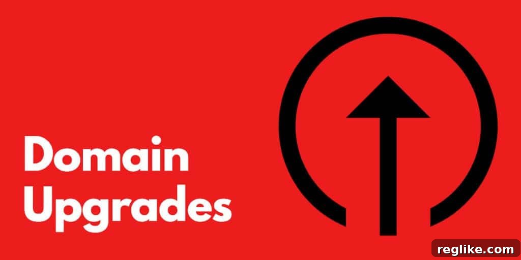 The phrase "domain upgrade" on a red background with a black arrow pointing upwards inside a circle, symbolizing brand evolution.