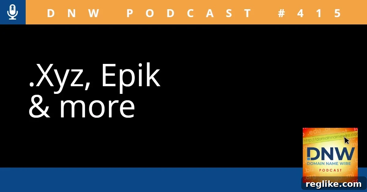 Xyz, Epik, and Beyond in the Domain World DNW Podcast 415 2 Image with the words ".xyz, Epik and More" on a black background, representing key topics in domain news.