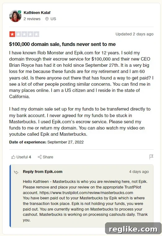 Her Odyssey of Endurance 3 TrustPilot review of Epik