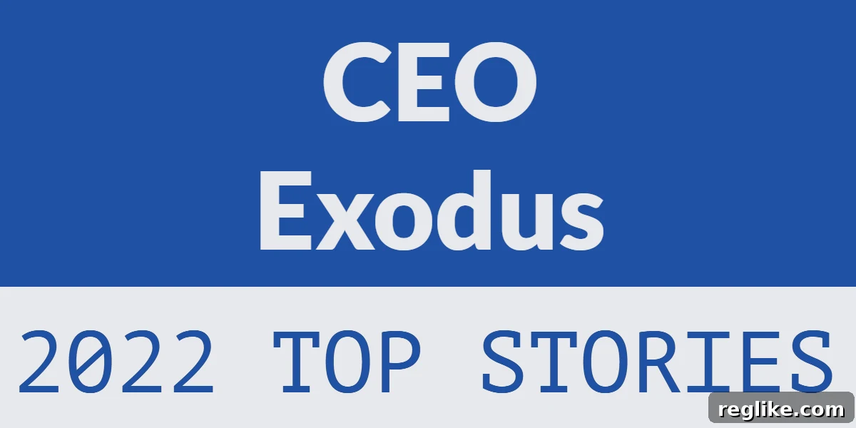 The Great CEO Exodus of 2022 2 The words 'CEO Exodus' and '2022 Top Stories' superimposed over a digital network graphic, symbolizing significant leadership changes in the technology and domain industries.