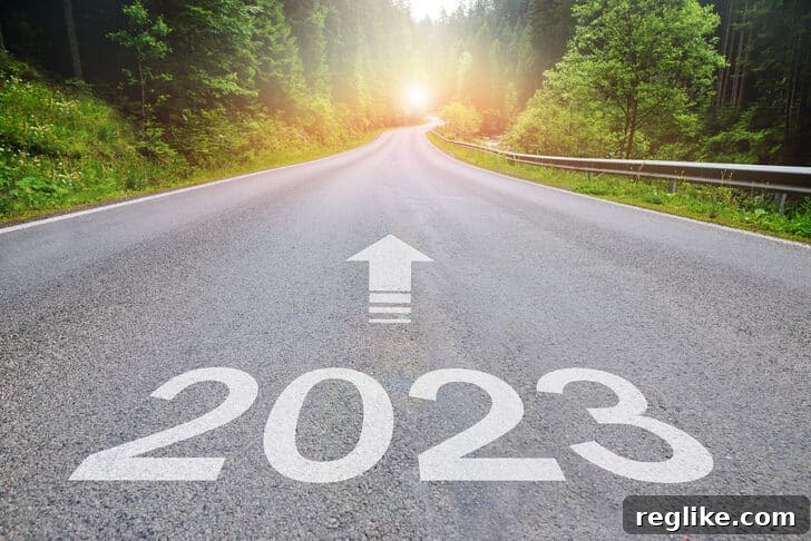 Image of a roadway with 2023 and an arrow pointing forward, symbolizing future direction and progress in domain investing