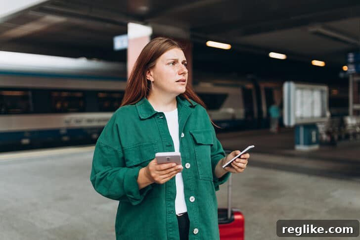 Woman standing on train platform looking confused, pondering her travel mishap