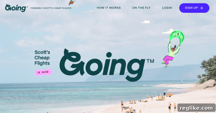 Going.com home page, formerly Scott's Cheap Flights, showcasing its new brand and travel deal offerings