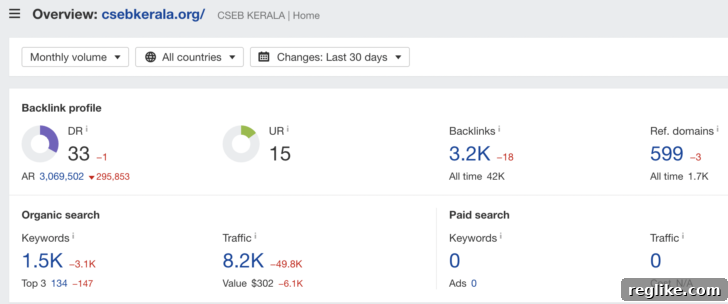 Screenshot of Ahrefs data showing zero organic keywords and DR 33 for CSEBKerala.org.