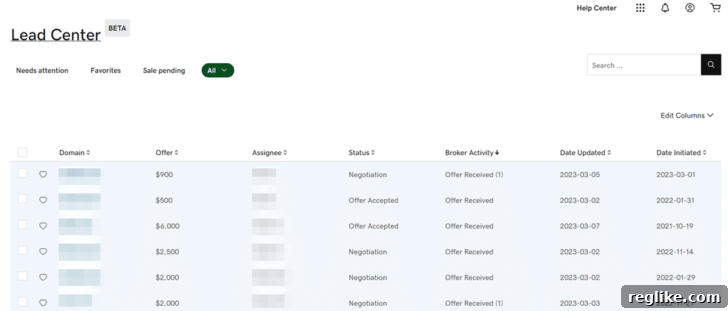 Afternic Unveils Lead Center 2 Afternic Lead Center interface showing new features for domain investors