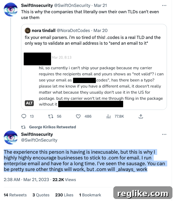 Graphic showing tweet from SwiftonSecurity advising businesses to stick to .com for email