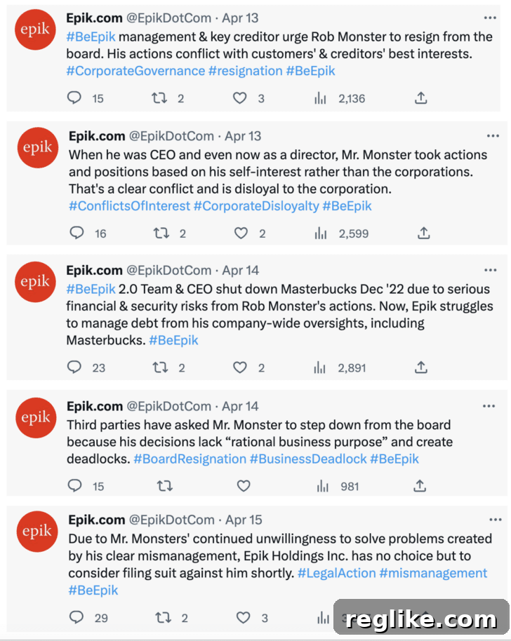 Epik Confronts Rob Monster: Resign or Face Lawsuit 2 Screenshot of Epik's tweets accusing Rob Monster of mismanagement and debt issues, demanding his resignation.