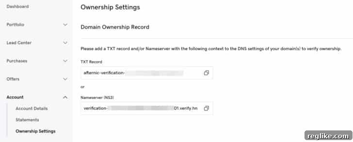Afternic Empowers Users with Verification and Advanced Landing Page Tools 2 Afternic account verification settings showing options for TXT record or nameserver verification, enhancing domain ownership proof