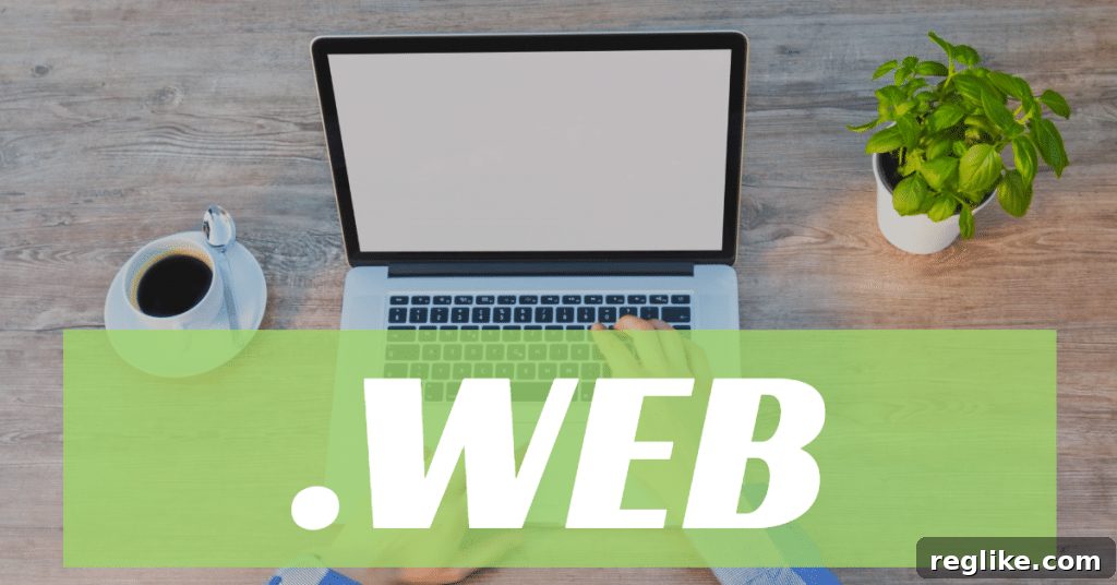A modern setup featuring a laptop computer, a cup of steaming coffee, and a green plant, all resting on a desk. The word '.web' is prominently displayed in white letters against a vibrant green background, symbolizing the digital world and new domain possibilities.