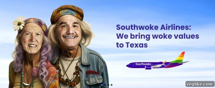 Southwest Can't Silence "SouthWoke" Site 2 Image with two hippies and the words "Southwoke Airlines: we bring woke values to Texas".