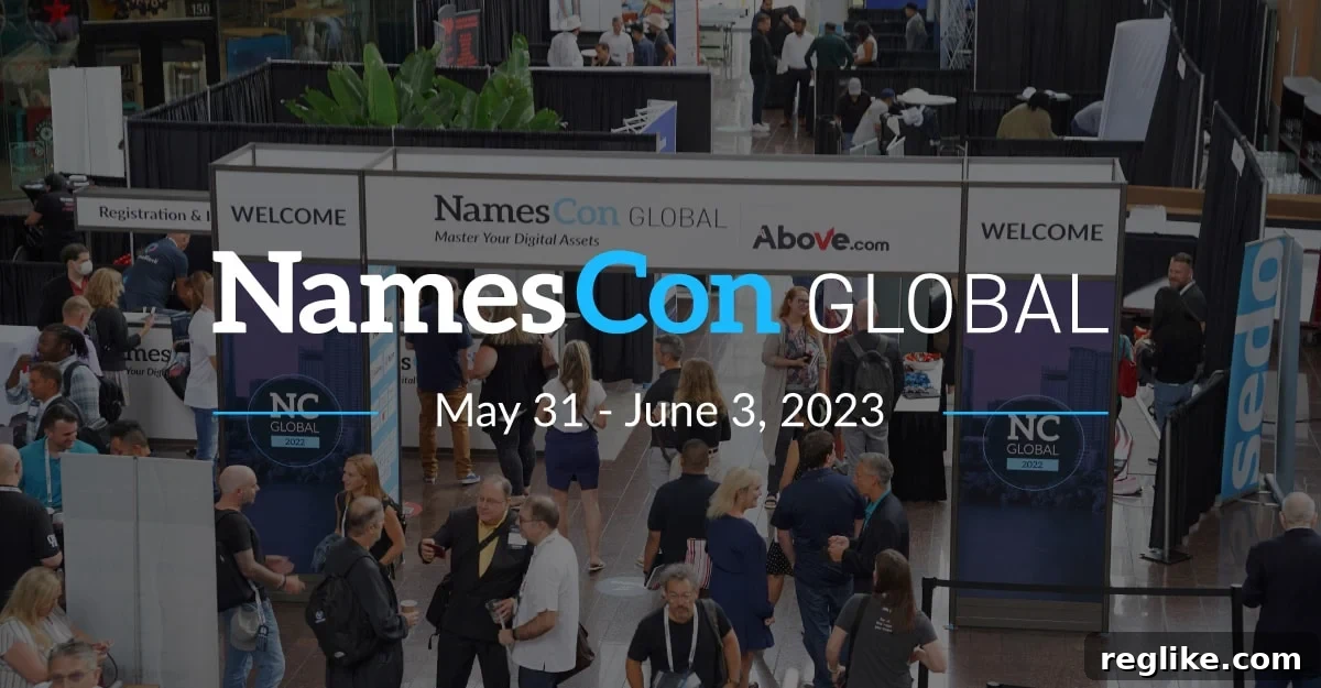 NamesCon Is On Get My Schedule Today 2 NamesCon Global 2023 event banner showcasing the dates May 31 - June 3, 2023, and highlighting the vibrant atmosphere of the conference.