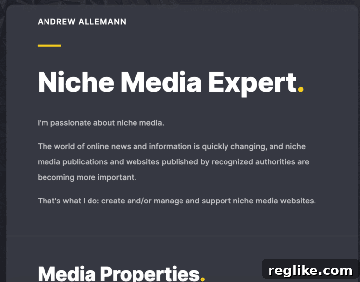 Weebly to Carrd: My Personal Website's New Home 2 Screenshot of AndrewAllemann.com, Niche Media Expert
