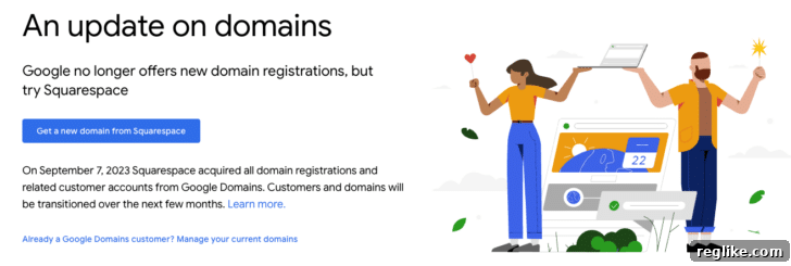 A New Home for Google Domains: Squarespace 2 Screenshot from Google Domains website displaying a message directing users to Squarespace for new registrations.