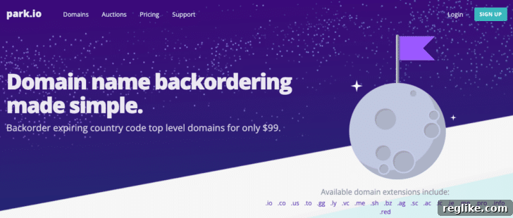Dynadot Acquires Parkio to Expand Expired Domain Auction Footprint 2 A screenshot displaying the Park.io website interface with its distinct tagline, "domain name backordering made simple." This visual serves as a reminder of the platform recently acquired by Dynadot, signifying a major shift in the expired domain aftermarket.