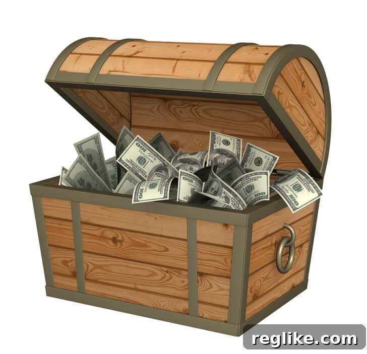 Wooden treasure chest with one hundred dollar bills representing the high cost of .ing domains during the early access period
