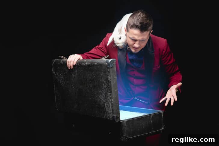 A magician opens a briefcase only to find nothing in it, but there's a rabbit on his shoulder, symbolizing a mysteriously disappearing domain name.