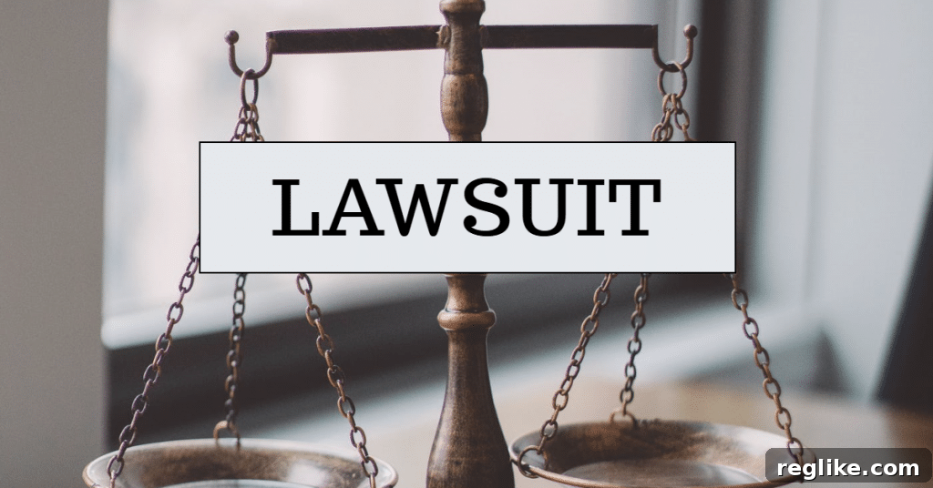 Illustration depicting legal scales with the word "lawsuit" prominently displayed, symbolizing justice and legal action in a domain dispute context.