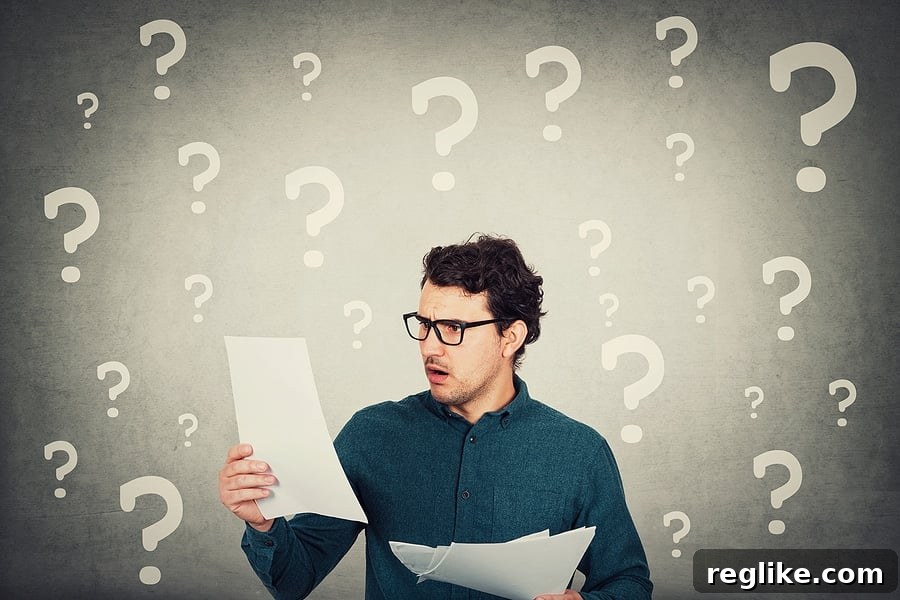 The Quintessential UDRP Ruling 2 A confused man looking at papers with question marks all around his head, symbolizing complexity in domain disputes