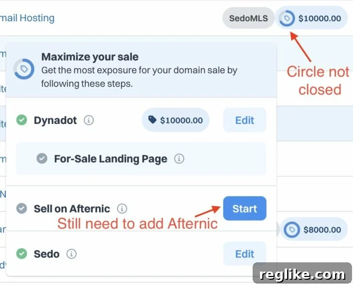 Dynadot Aftermarket Exposure tool showing domain listings on Sedo, Afternic, and Dynadot marketplace for maximum visibility and sales potential.