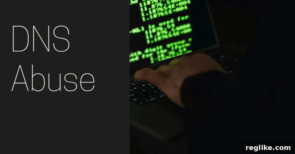 DNS Abuse Crackdown: New Rules for Registrars and Registries 2 Image of hand hovering over keyboard with a screen with green characters and the words "DNS abuse"