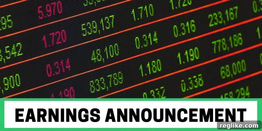 Stock ticker board with 'earnings announcement' caption
