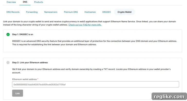 Image of a two-click wizard to connect domains at GoDaddy to crypto wallet addresses using ENS.