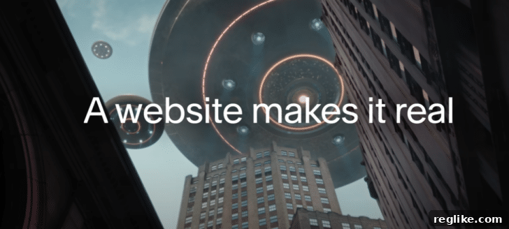Unveiling Squarespace's 2024 Super Bowl Commercial 2 Still image from 2024 Squarespace Super Bowl commercial shows UFOs over a city with the words "A website makes it real"