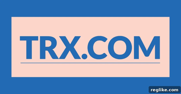 TRX.COM in blue letters on a pink background