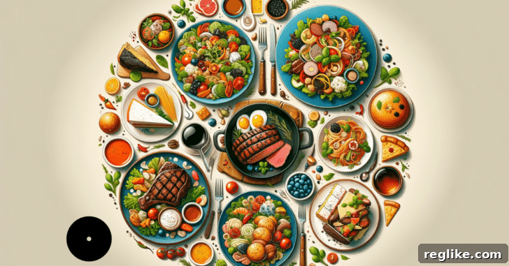 Five New TLDs Hit Early Access Today 2 A vibrant collage of various food items including a perfectly seared steak, a delectable pie, and a fresh, colorful salad, positioned around a prominent black dot representing a domain. This imagery symbolizes the new .food domain's entry into early access.