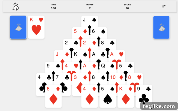 Pyramid.com Unveils Pyramid Solitaire 2 Screenshot of Pyramid Solitaire game interface showing cards arranged in a pyramid shape on Pyramid.com
