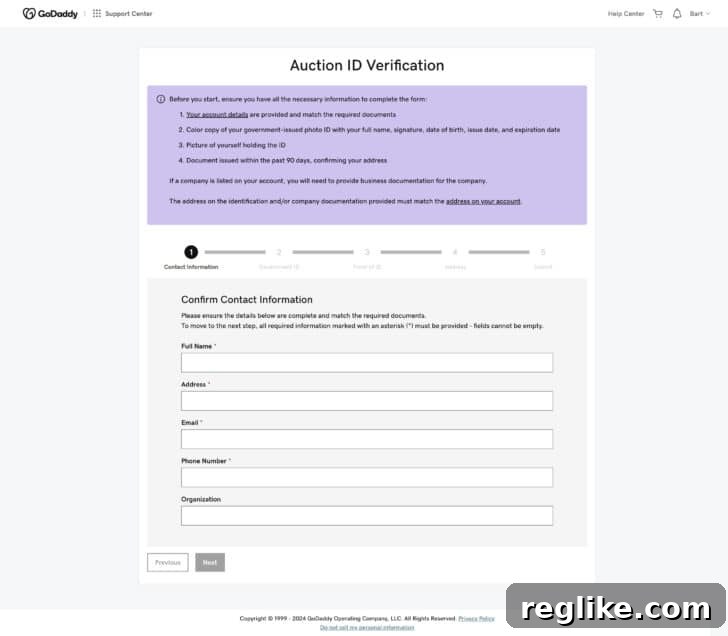 GoDaddy Boosts Security with New Bidder Vetting 2 Image of GoDaddy's new ID verification system for auction bidders, showing a person holding an ID and a checklist.