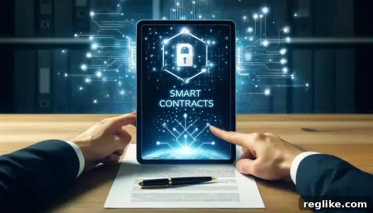 Abstract image representing smart contracts, featuring digital nodes and connectivity