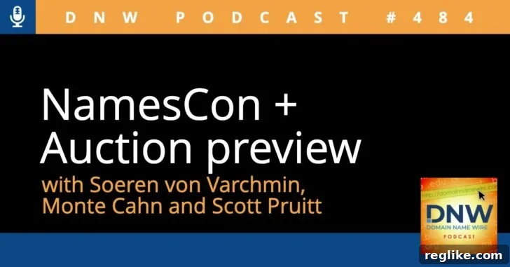 NamesCon Auction Preview DNW Podcast 484 2 Graphic with the words "NamesCon + Auction preview - DNW Podcast #484 with Soeren von Varchmin, Monte Cahn and Scott Pruitt"