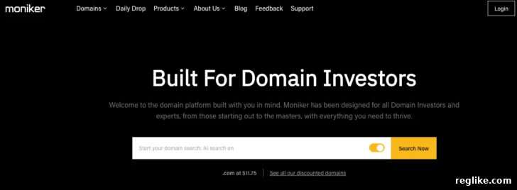 Moniker home page with the slogan "Built For Domain Investors"