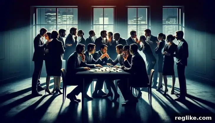 ICANN's Dilemma Keeping New TLDs Clean 2 Two businesspeople in a dark room shaking hands, with a holographic globe above them, symbolizing complex negotiations for global digital assets.