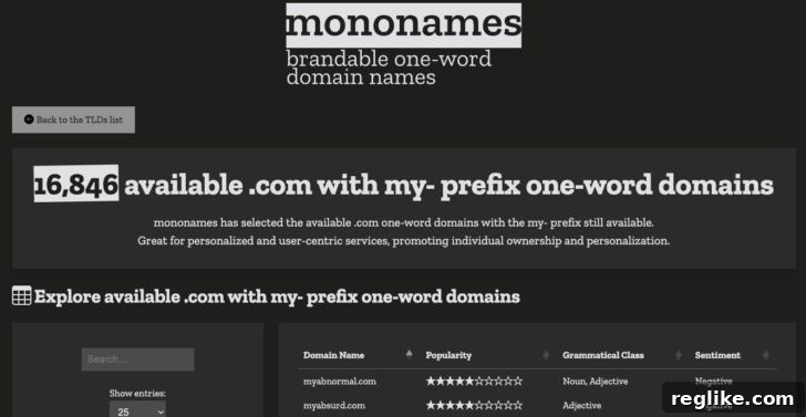 Screenshot of Mononames domain search interface showing various domain name suggestions