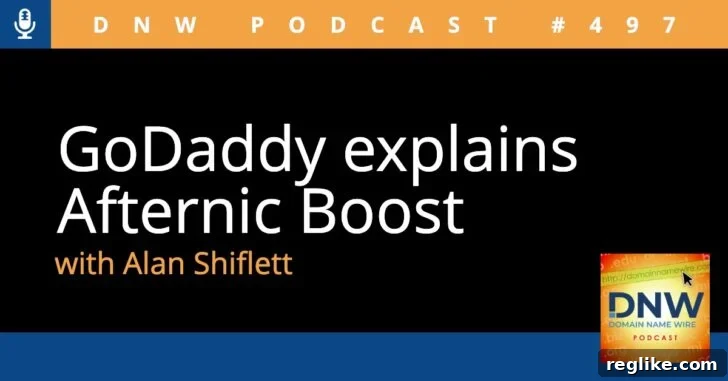 Text "GoDaddy explains Afternic Boost" on a black background, symbolizing digital innovation and domain marketplace dynamics.