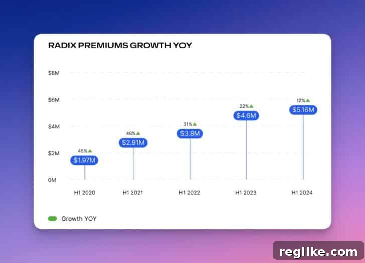Radix Shatters Records in Premium Domain Revenue 2 Chart showing premium domain revenue at Radix hitting record in H1 2024.