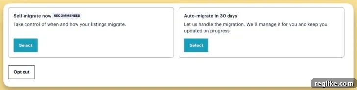 Seamless Dan.com Account Migration Now Open 2 Screenshot of Dan.com migration center with options to self-migrate, auto-migrate, and opt out, guiding users through the Afternic transition