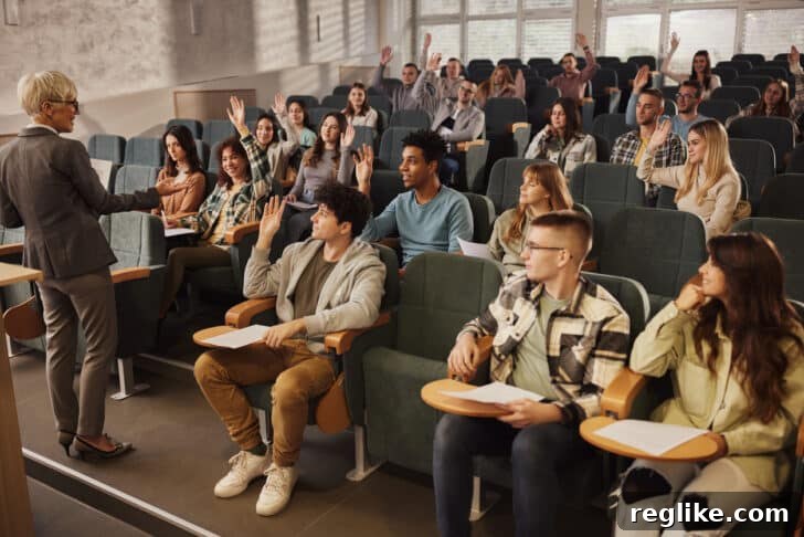 College classroom with diverse students actively participating and raising their hands, symbolizing engagement and discovery.