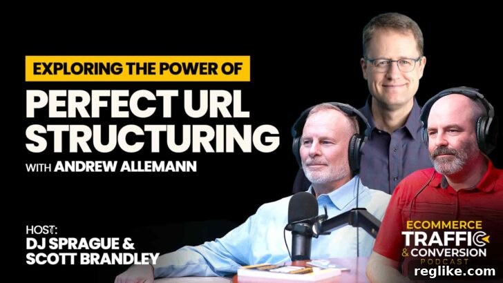 Speaking E-commerce Through Your Domain 2 Experts Scott Brandley, Andrew Allemann, and DJ Sprague discussing ecommerce domain strategies on a podcast, set against a dark background, emphasizing their professional insights.