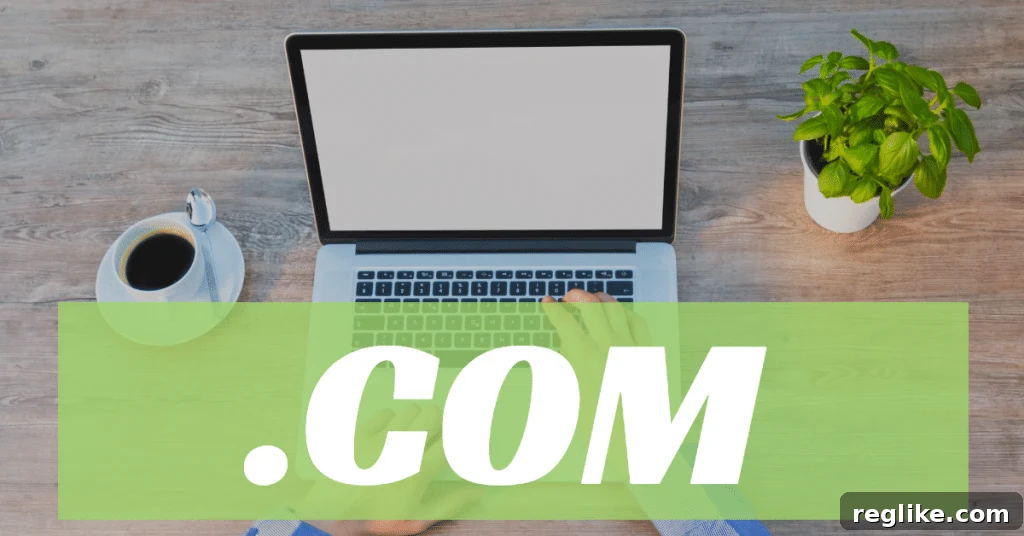 Verisign Extends Com Domain Deal with ICANN 2 Laptop with a cup of coffee and a basil plant, featuring the .com domain prominently, symbolizing digital connectivity and growth in the digital age