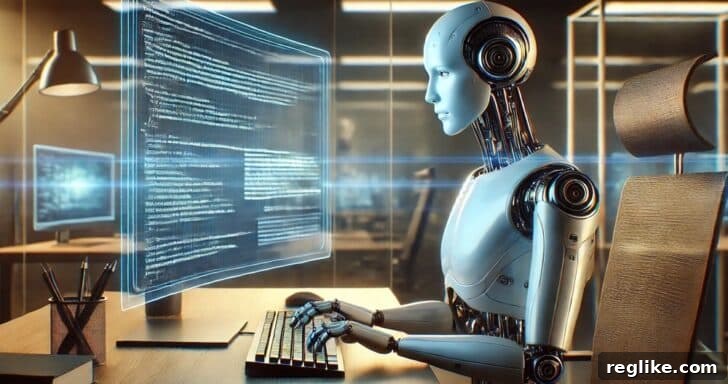 Domain Graveyard to Propaganda Mill 2 A robot sitting a computer typing content