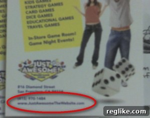 Flyer for JustAwesomeTheWebsite.com, highlighting the issue of overly long domains